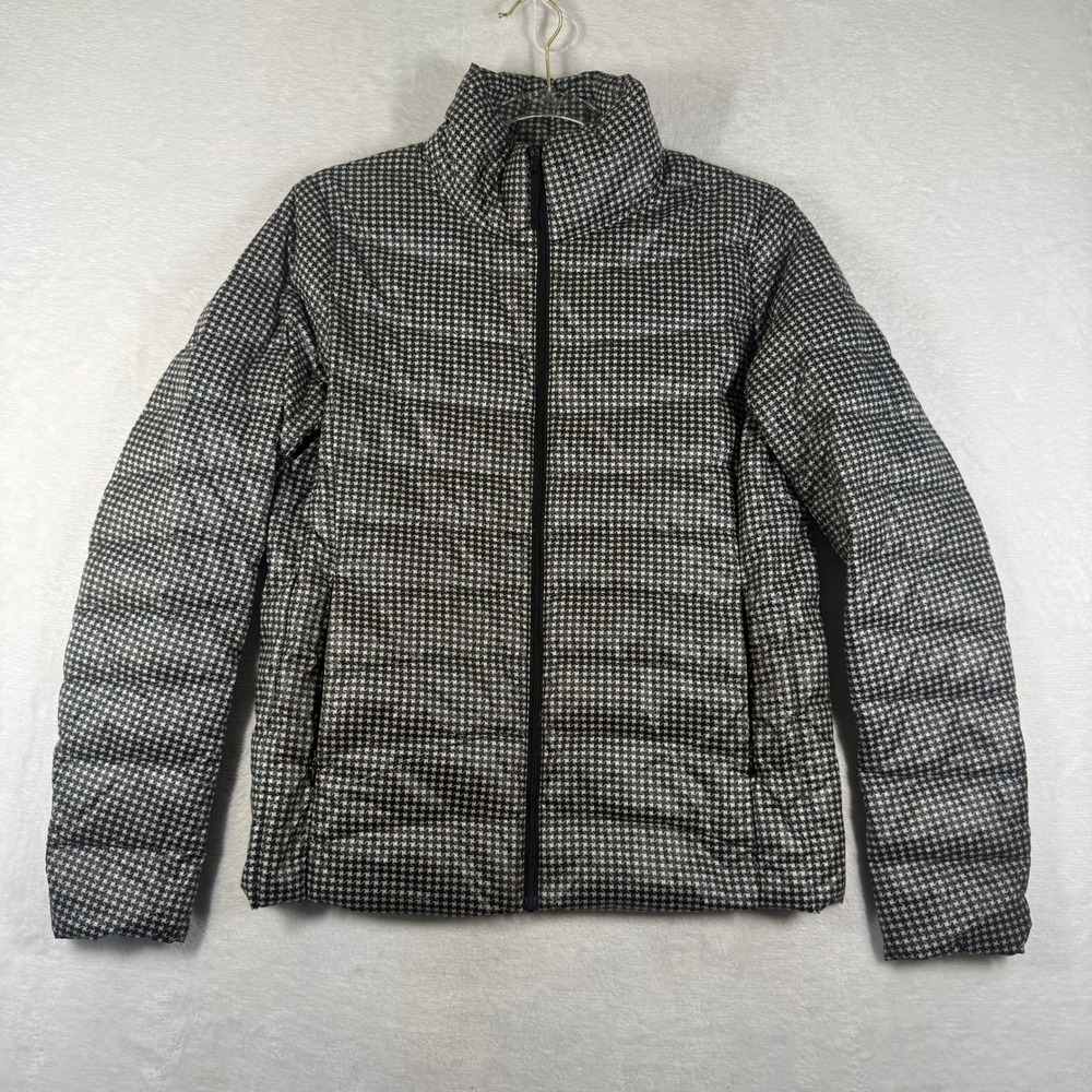 Uniqlo Ultra Light Down Puffer Jacket Houndstooth Print Black Gray Mens Medium